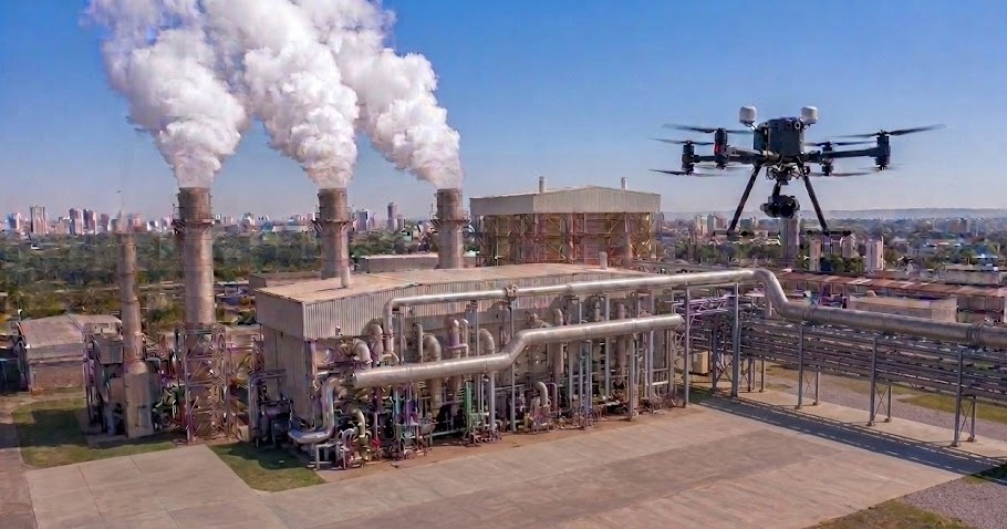 Dron sobrevolando una planta industrial