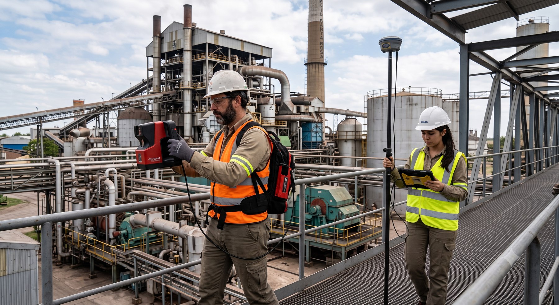 Técnicos realizando un escaneo LiDAR móvil en una planta industrial, con antena RTK en primer plano